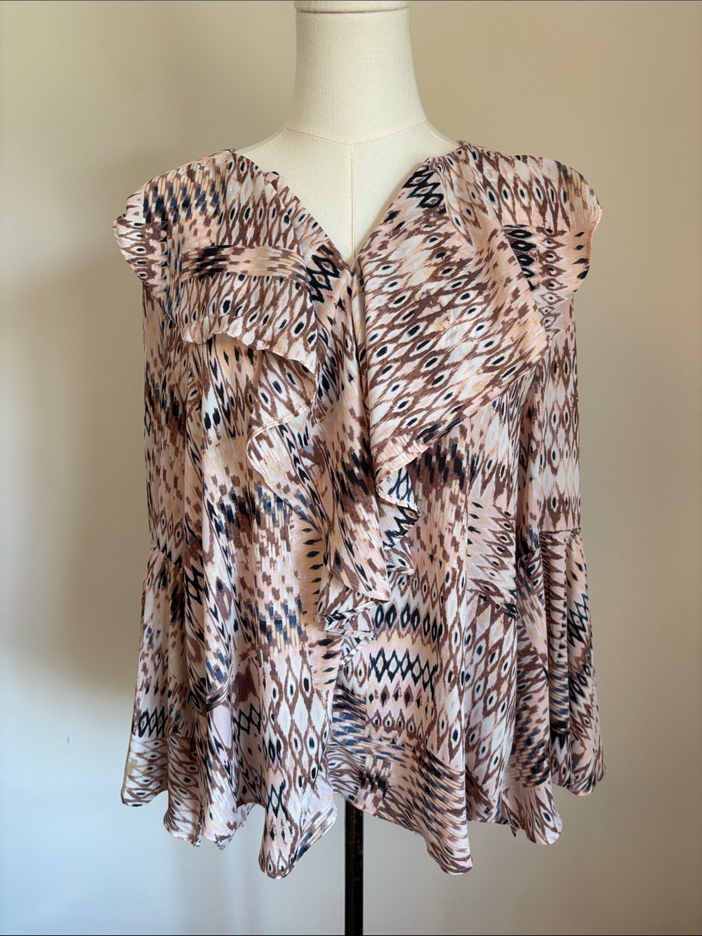 Ikat-Print Ruffle V-Neck Blouse in Blush Taupe